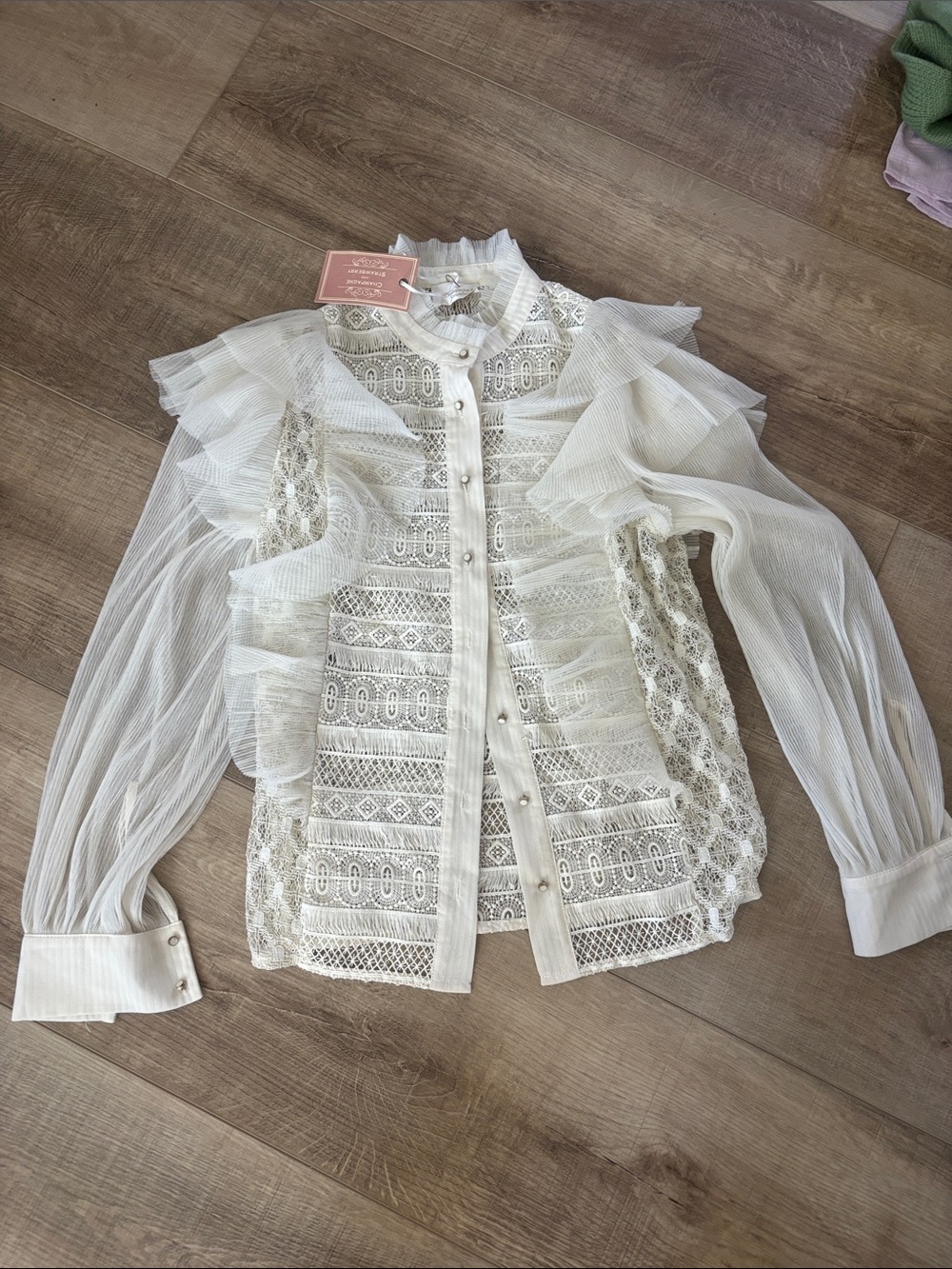 Elegant Ivory Lace Ruffle Button-Up Blouse